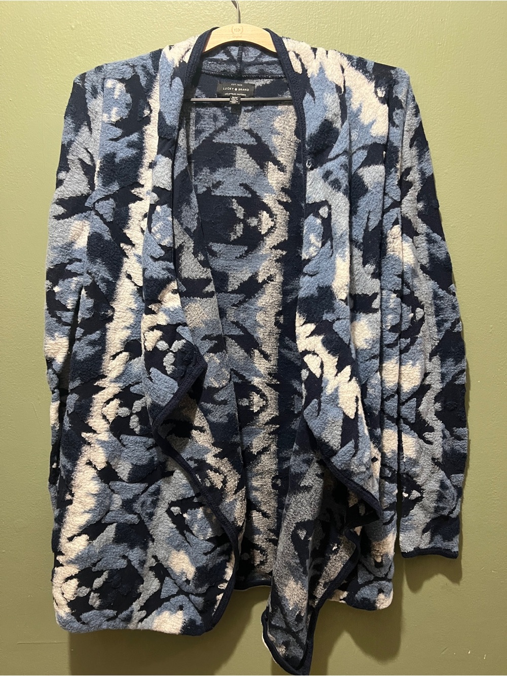 Lucky Brand Cardigan Woman's M Blue Geo Drape Open Front Sweater